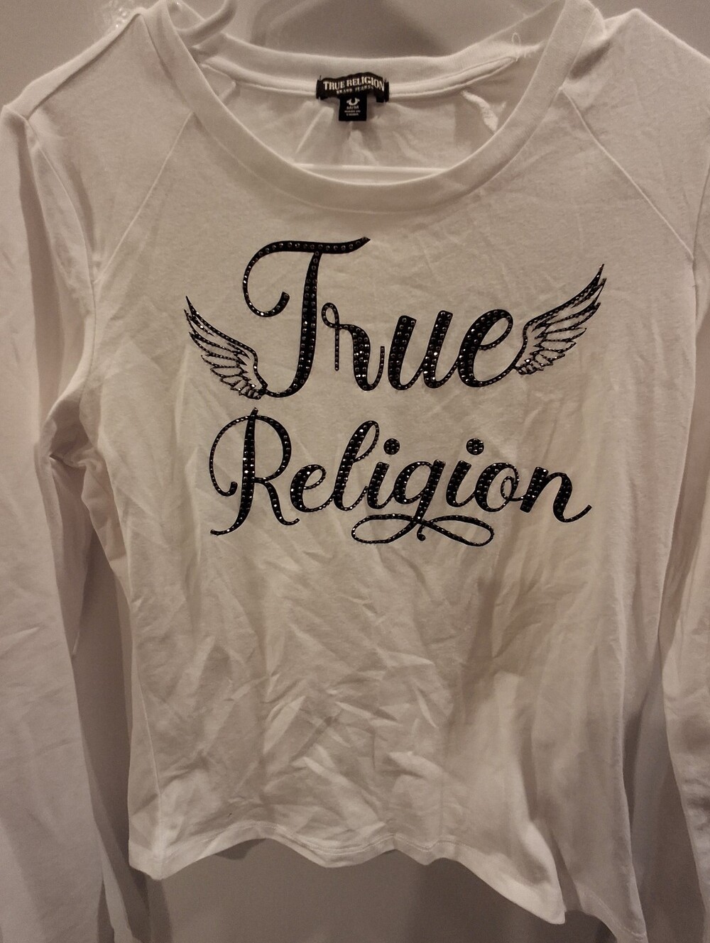 True Religion White Long Sleeve Logo Tee with Winged Script
